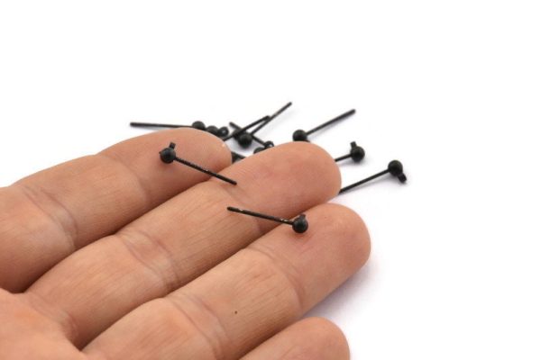 Black Ball Earring, 24 Oxidized Black Ball Stud Earrings - Pad With 3mm Hole Hook BS 1798 Online - Image 3