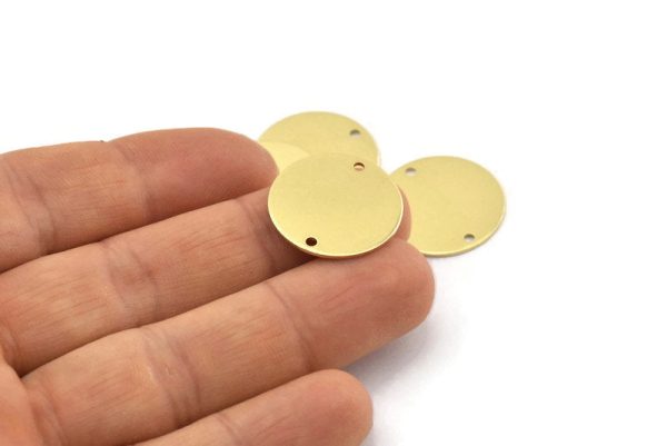 Brass Round Charm, 12 Raw Brass Round Connectors With 2 Holes, Blanks (20x0.70mm) M01362 For Sale - Image 3