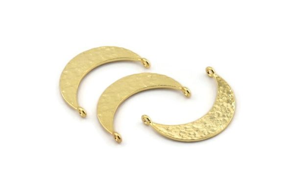 Gold Moon Pendant, 2 Hammered Gold Plated Brass Crescent Moon Charms With 2 Loops (29.5x7.5x1mm) BS 1895 For Cheap - Image 2