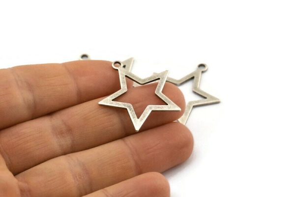 Silver Star Charm, 4 Antique Silver Plated Brass Star Charms With 1 Loop (29x26x1mm) BS 2190 H1291 Online now - Image 3