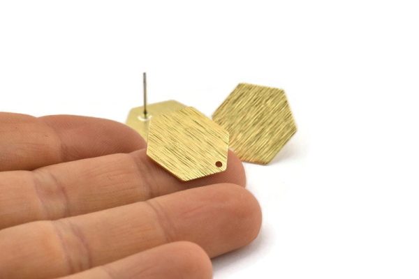 Brass Hexagon Earring, 6 Textured Raw Brass Hexagon Stud Earrings With 1 Hole (17x0.60mm) D878 A1839 on Sale - Image 3