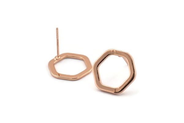Rose Gold Hexagon Earring, 4 Rose Gold Plated Brass Hexagon Stud Earrings (14x2x1mm) D0082 A1151 Q1024 For Sale