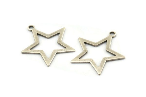 Silver Star Charm, 4 Antique Silver Plated Brass Star Charms With 1 Loop (29x26x1mm) BS 2190 H1291 Online now - Image 2
